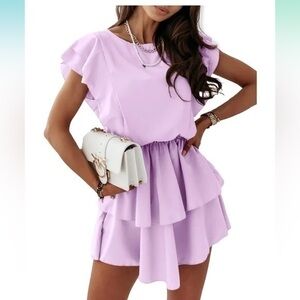 NWOT Lavender Ruffle Short Sleeve Layer Crewneck Flowy Elegant Mini Dress